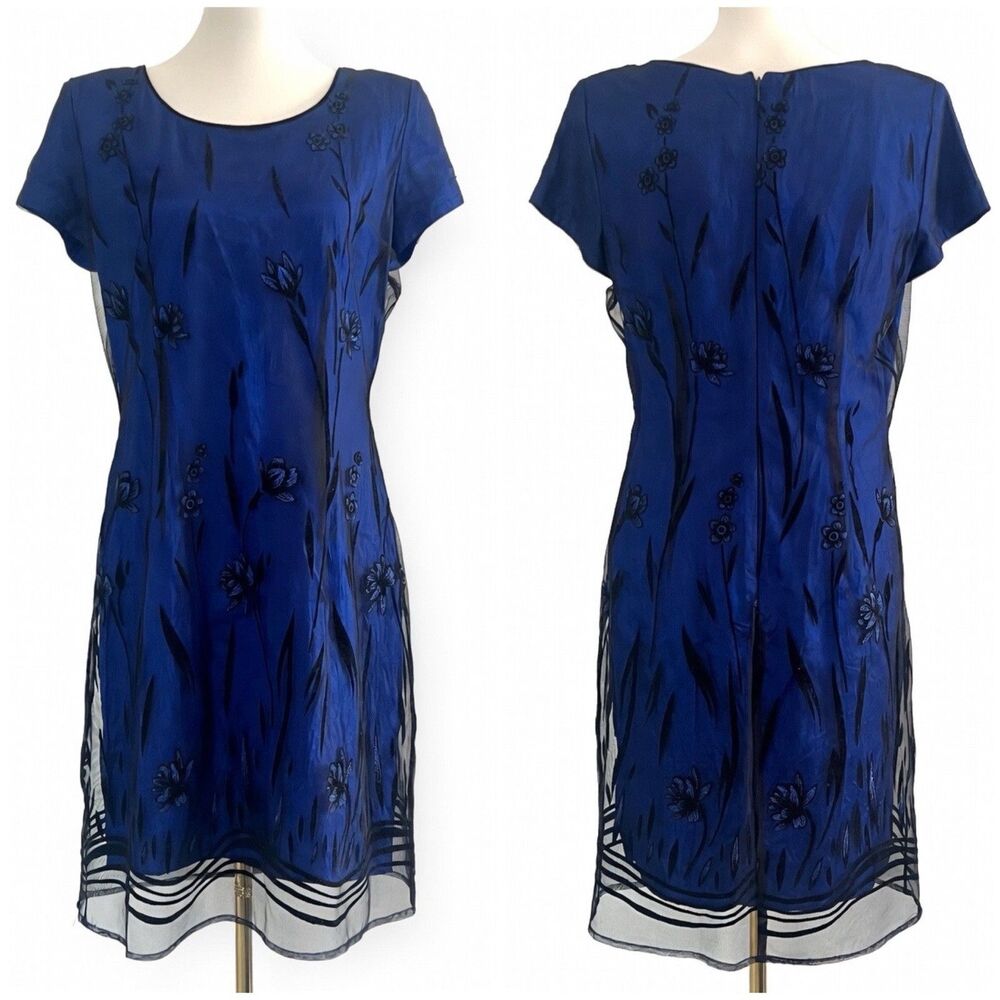 Vintage Virgo II Blue Black Mesh Lace Floral Detail Fairycore Midi Dress sz 12